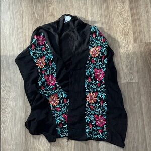 Floral Embroidered Black Shawl beach coverup